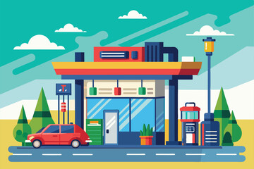 A bright fuel station showcases a red car parked outside in a vibrant landscape Fuel station Customizable Semi Flat Illustration