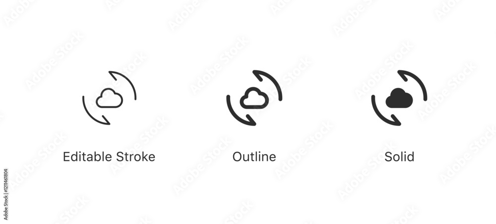 Poster sync, refresh cloud icon set. backups or cloud computing icons with two arrows symbol in editable stroke, outline, and solid styles