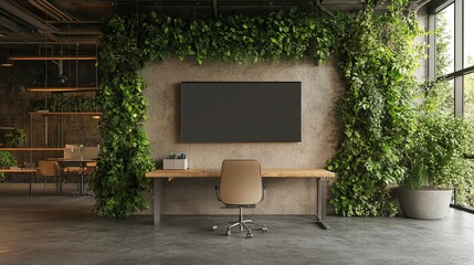 Computer all-in-one with a blank screen front in industrial loft green ecological office interior, Generative AI