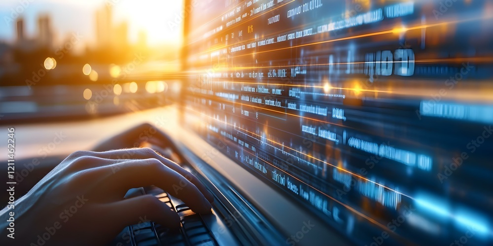 Poster a close-up of a hand typing on a laptop keyboard with abstract digital code and a sunset cityscape i