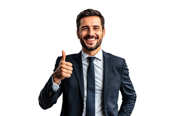 Businessman giving thumbs-up gesture isolated on white or transparent, PNG