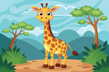 Fototapeta premium A cartoon giraffe smiles playfully in a colorful forest surrounded by trees and hills Funny cartoon of a giraffe
