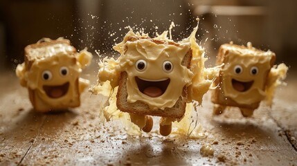 Playful animated toast characters with cheese running joyfully on a wooden surface, crumbs flying around