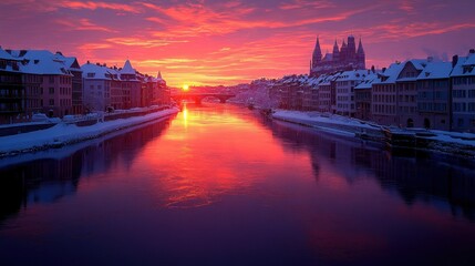 Fototapeta premium Stunning Sunrise over a snow-covered city by the river, reflecting the vibrant colors of the sky.