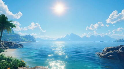Obraz premium Idyllic tropical beach scene with clear turquoise water, palm trees, and mountains under a bright sun.