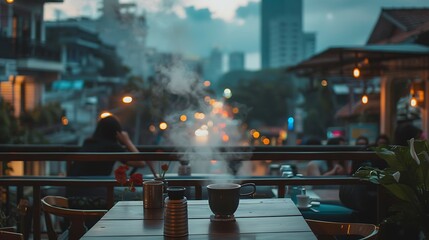 Obraz premium Steaming Coffee at an Outdoor City Cafe