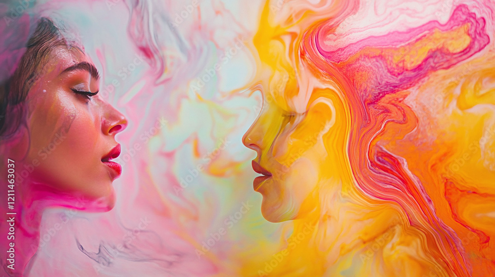 Poster artistic fusion of human and ai elements with surreal patterns of light and color.