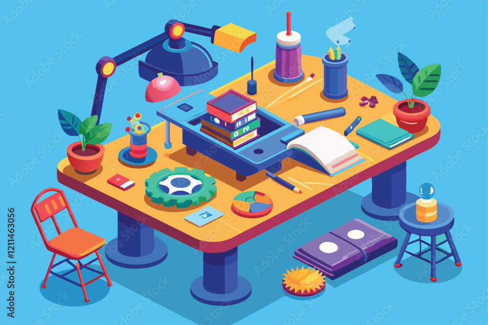 Poster a vibrant workspace displays an array of creative tools and colorful objects for productive activiti