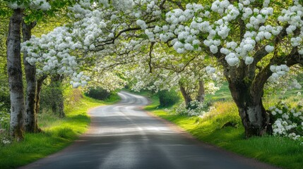 Obraz premium A beautiful countryside road lined with blooming white flowers, perfect for a peaceful walk or drive.