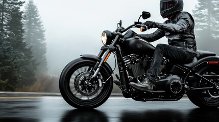 Dark Motorcycle Rider in Misty Forest