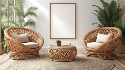 Fototapeta premium Wicker Chairs Plants And Coffee Table In A Modern Room
