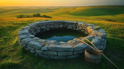 Stone well, bucket, rope, sunset, rolling hills.
