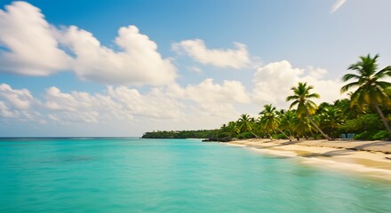 Idyllic Caribbean Beach with Swaying Palm Trees and Clear Blue Sky: Perfect Tropical Getaway Scene
