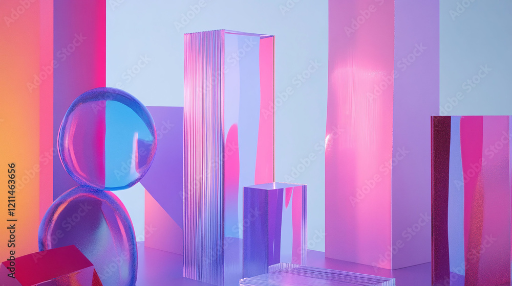 Poster bold gradient poster with futuristic shapes and abstract visual elements.