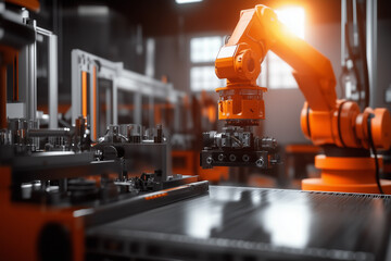 Assembly production conveyor with robotic arms background..