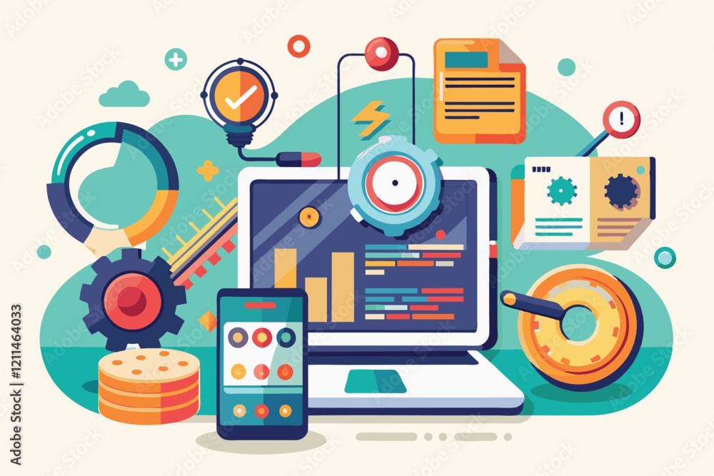 Poster graphic displays various tools and elements for solving gadget-related issues in a creative workspac
