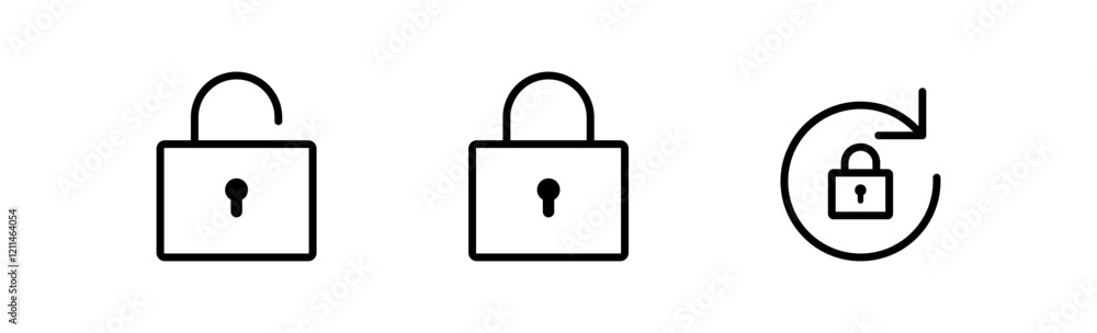 Poster lock icon set, locked and un locked vector icon. refresh, rotate or sync lock with a rotation arrow, reset password icon in editable stroke, outline. security, privacy, access control, protection icon