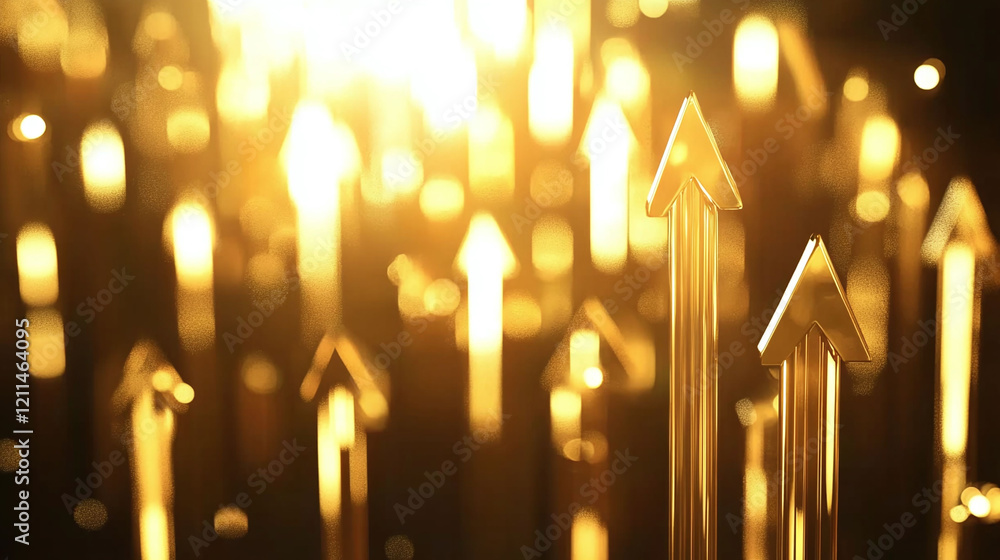 Poster conceptual visual of an economic chart with ascending golden arrows and shimmering light beams.