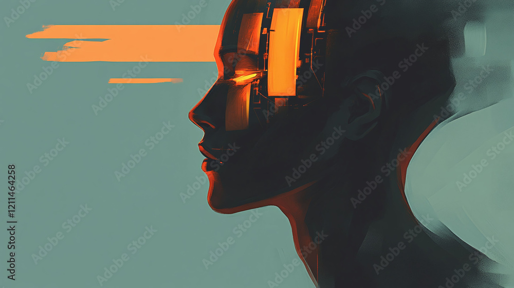 Poster creative depiction of a human profile morphing into an ai interface with glowing holograms.
