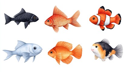 Naklejka premium Colorful illustration of various fish species swimming together, showcasing their unique features and colors