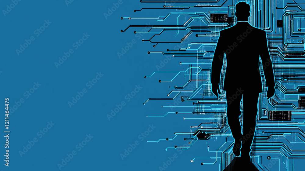 Poster digital representation of a human silhouette with ai circuits weaving into the figure's outline.