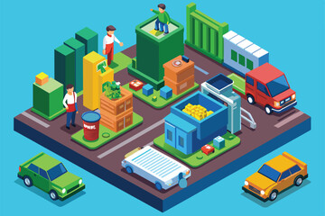 Fototapeta premium People manage waste, sort recyclables, and transport materials in a vibrant isometric urban setting Garbage management Customizable Isometric Illustration