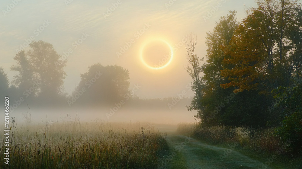 Poster full moon with a halo effect casting a soft glow over a misty horizon.