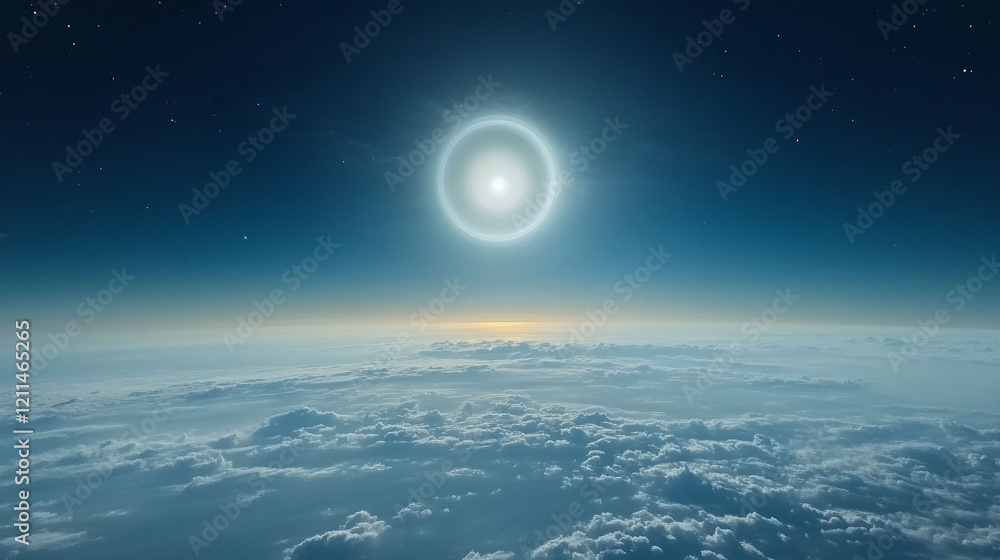 Poster full moon with a halo effect casting a soft glow over a misty horizon.