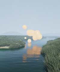 Scandinavian landscape with river, fog, thick grass, spherical Sci-Fi spherical metafigure. Fantastic background with copyspace. 3d render, 3d illustration.