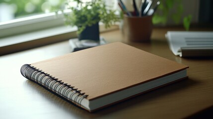 A Closed Spiral Notebook on a Wooden Desk