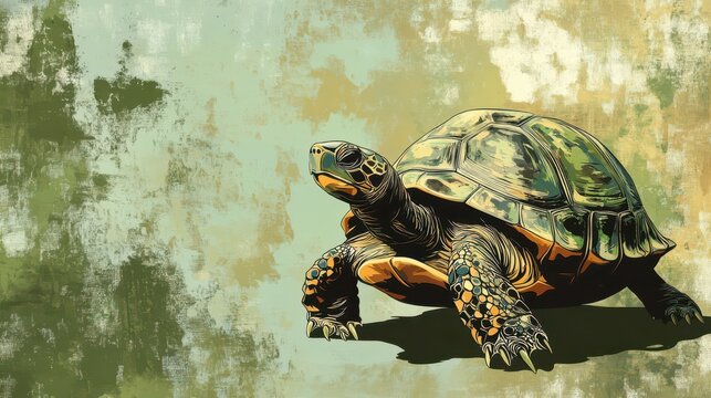 Celebrating world turtle day with a vibrant graphic of a tortoise on artistic background. Horizontal banner. Copy space. World Wildlife Day. Biological Diversity Day. Vintage postcard