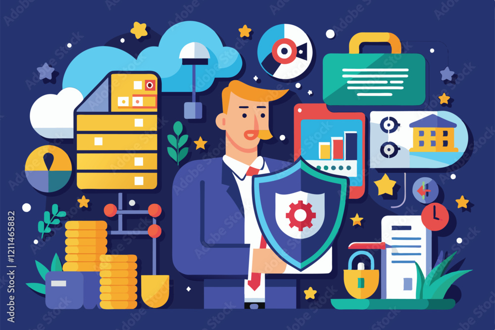 Poster a professional stands confidently with a shield symbolizing data privacy and security measures gdpr 