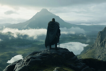 Lonely warrior standing on the mountain peak and looking into the distance background.