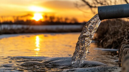 Fototapeta premium A drain pipe discharging water into a gutter with the sun setting in the background