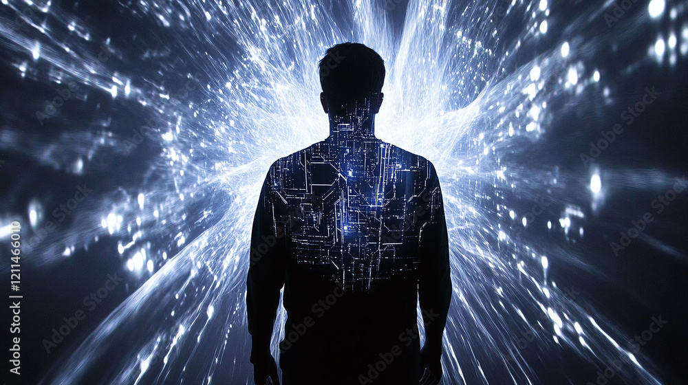 Aufkleber imaginative design of a person’s shadow with glowing ai circuits forming the core.
