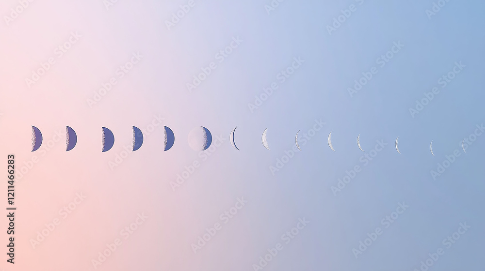 Poster minimalist illustration of moon phases with sharp details and a gradient space background.