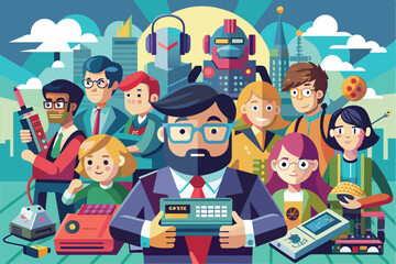 Attendees proudly showcase their favorite collectibles and tech at a lively geek convention celebration Geek convention Customizable Semi Flat Illustration