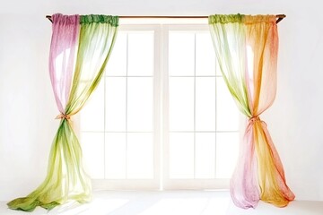 Brightly colored sheer curtains gracefully frame a sunlit window, enhancing the airy atmosphere indoors