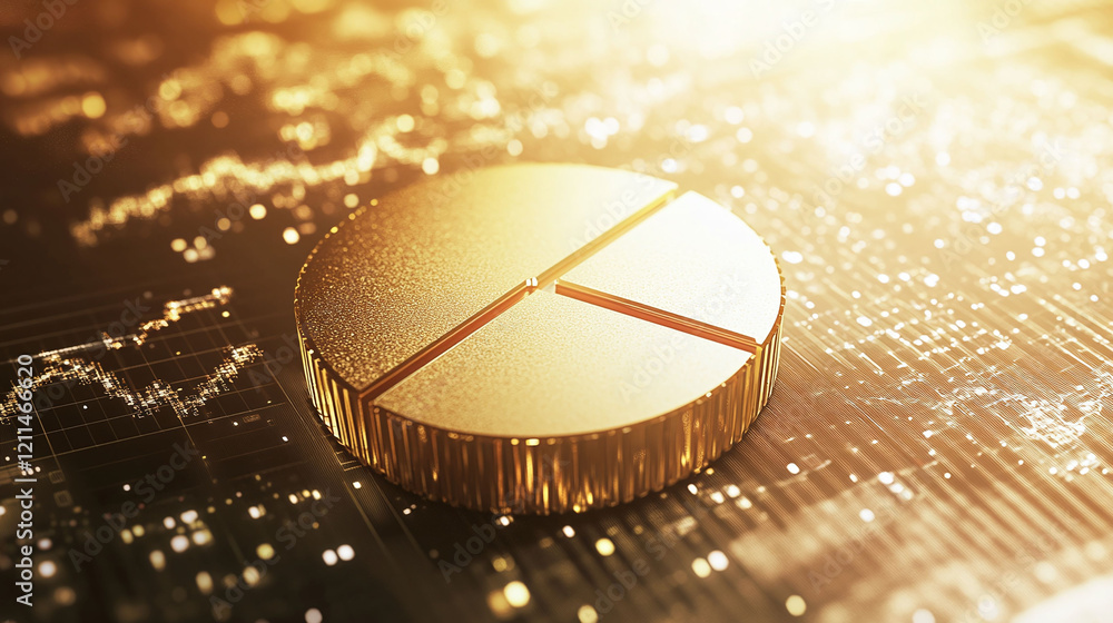 Poster modern 3d pie chart in gold tones surrounded by shimmering sparkles emphasizing financial success.