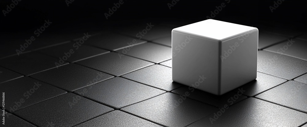 Poster white cube on dark tiled surface.