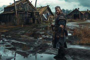 Naklejka premium Medieval man, Viking warrior standing with axe in hands on ancient village background.
