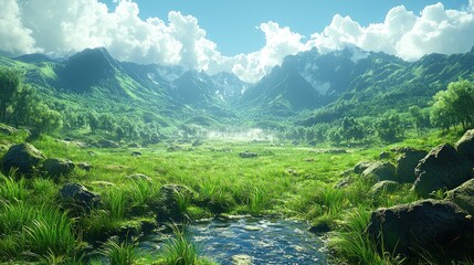 Serene Mountain Valley Landscape: A Breathtaking Vista of Lush Greenery and Tranquil Waters