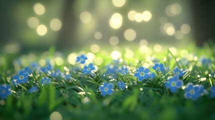Obraz premium Delicate Blue Flowers Blooming in a Sunlit Green Meadow