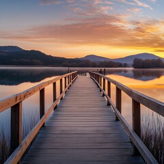 Fototapeta premium Wooden walkway leading to the lake at sunset with beautiful landscape