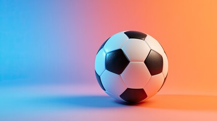 Fototapeta premium A 3D render of a black and white soccer ball centered on a gradient background fading from blue to orange.