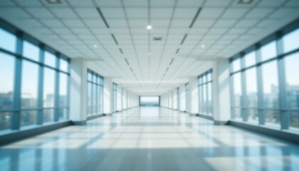 Obraz premium Modern bright office hallway with large windows and sunlight streaming in, clean minimalist design, spacious interior, architectural perspective, corporate workspace