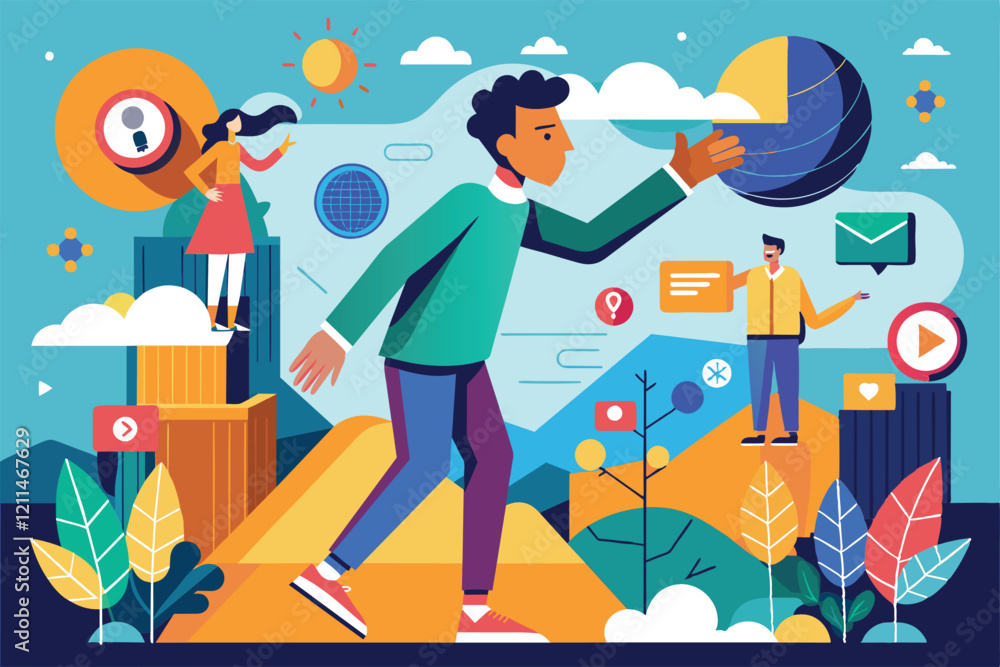 Poster people connect and interact with digital elements in a colorful, imaginative environment get in touc