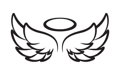 Angel wings with halo, Heaven. Angel feather wings, silhouette, Vector illustration.