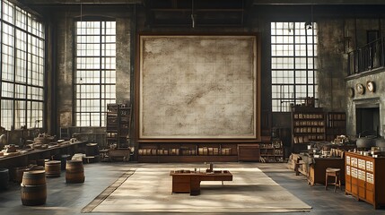 A large industrial workspace with a massive artwork