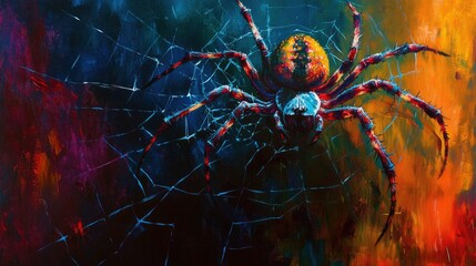 A bold, colorful spider rests gracefully on its web, silhouetted against a dark and moody background